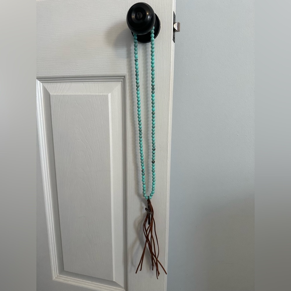 Turquoise Beaded Necklace with Leather Fringe & Cross